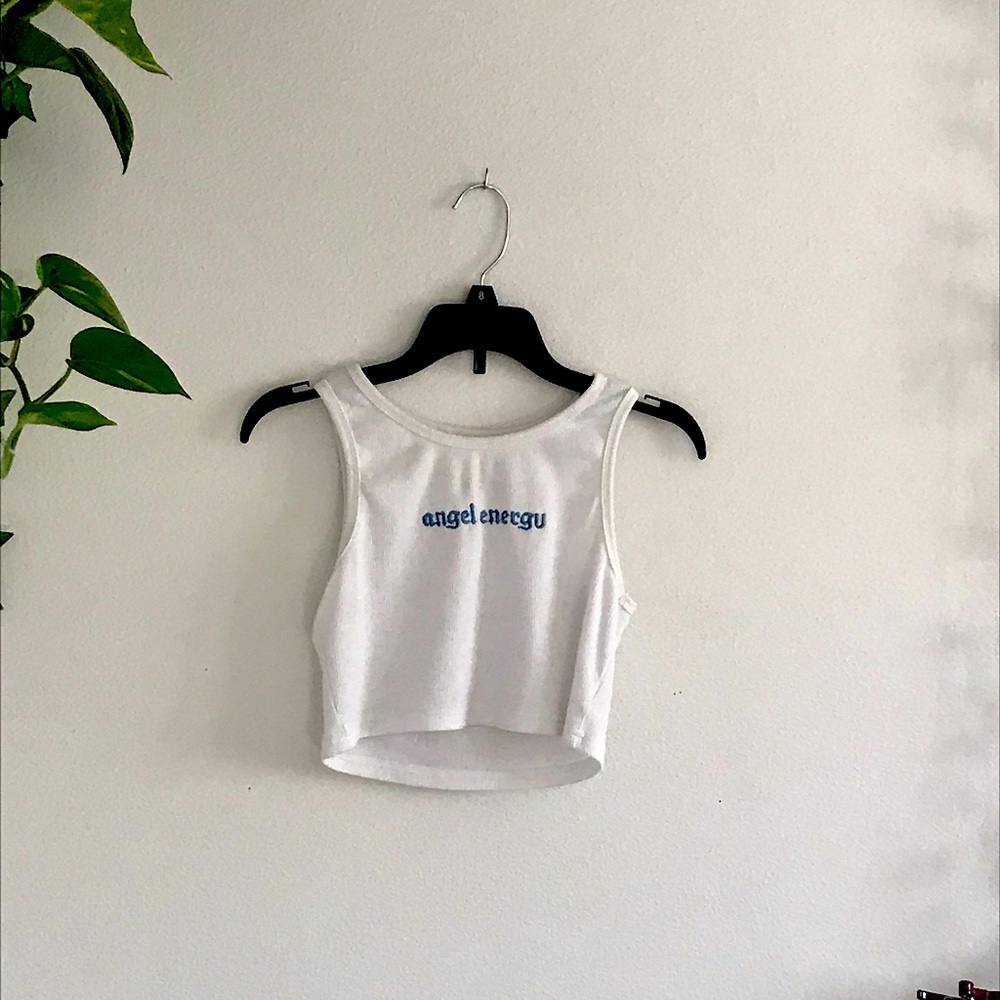 White blue lettering angel energy, cropped tank